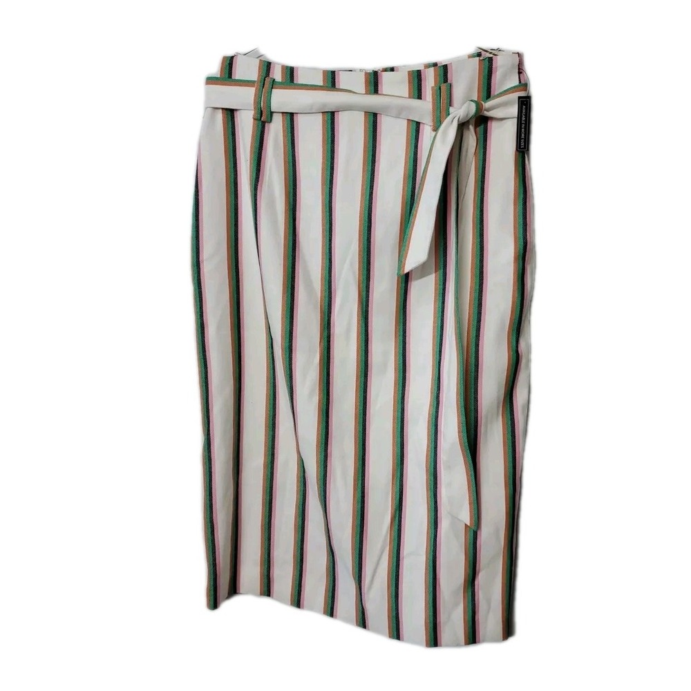 HALOGEN women's White Striped lined cotton blend Pencil Midi skirt Sz 8 Belt